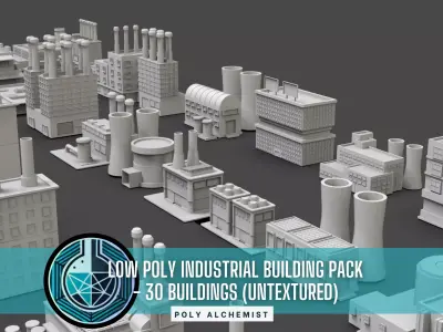 Low Poly Industrial Building Pack Of 30 -Game Ready -Untextured Low-poly 3D model