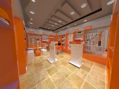 Showroom interior of store with orange furniture 3D model