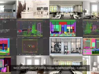 Set 3 - Redshift C4D - 4 x Interior Scenes 3D Model Collection 3D Model Pack