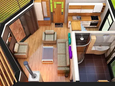 Tiny house exterior interior on 50 m2 with  full accommodation Low-poly 3D model