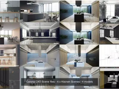  Corona C4D Scene files - 4 x Kitchen Scenes 3D Model Pack
