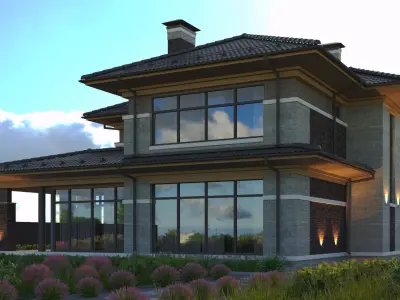 The house is finished with stone brick and wood 3D model