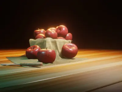 Realistic Red Apple Set - Fruit Scene with Knife and Cloth Low-poly 3D model