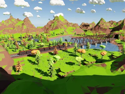 Mountain Village With Train 3D model
