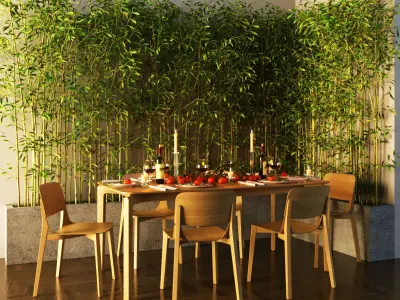 table setting with tangerines in bamboo 3D model