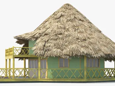 Tropical Beach Hut with Thatched Roof and Yellow Railings 