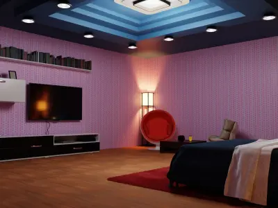 Bedroom with walls and ceiling Low-poly 3D model