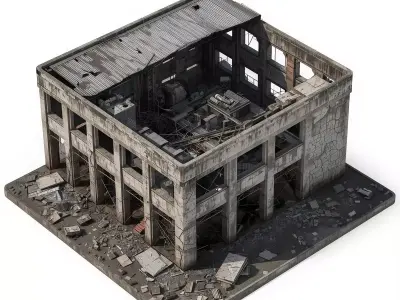 Ruined Industrial Concrete Warehouse Factory 3D Model Low-poly 3D model