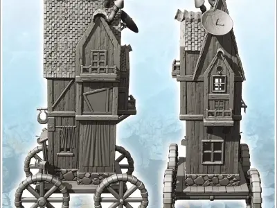 Fantasy medieval shop on four wooden wheels with sign and round  3D print model