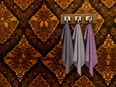 Elegant Kitchen Towels on Vintage Damask Wall Free low-poly 3D model