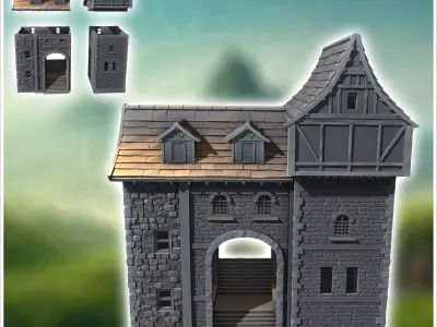 Medieval stone building with concave roof and central staircase  3D print model
