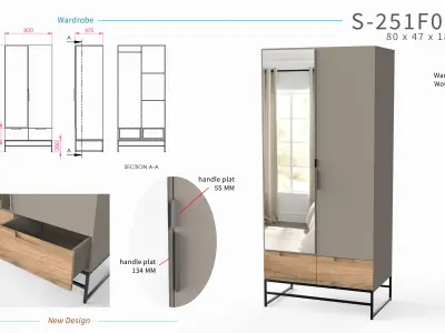 Modern Mirrored Wardrobe Armoire FlatPack 3D model