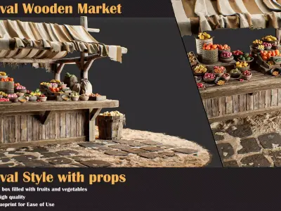 Medieval Wooden Market Pack Set 5 With Props 3D model