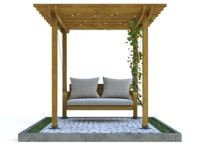 Wooden pergola with hanging sofa 3D model