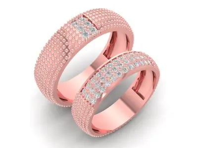 Luxury Textured  Wedding Band Set with Square Accent Stones 802 3D print model