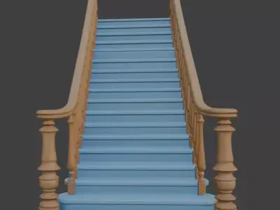 Light Blue Wooden Staircase with Ornate Balustrade PBR 3D Model 3D model