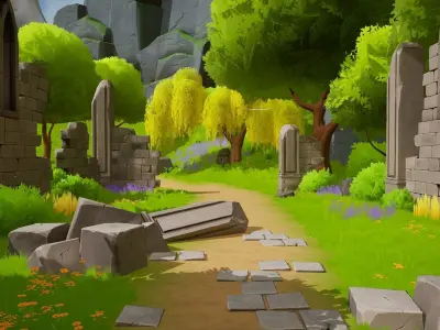 Stylized Nature with Ruins Low-poly 3D model