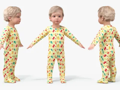  Toddler Aged 1 Year in Pajamas A-Pose 