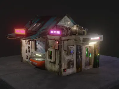 Low Poly Cyberpunk Sushi House for Games or Rendering Low-poly 3D model