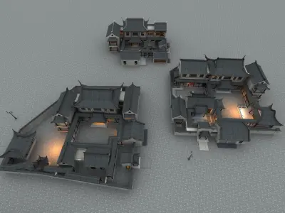 Asia Ancient buildings courtyard Low-poly 3D model