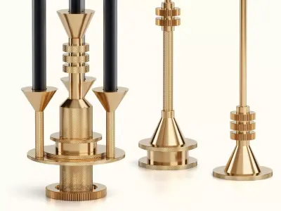 Cog gold candle holder with three candles 3D model