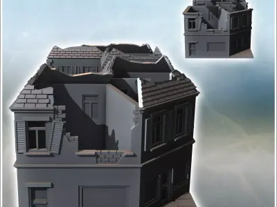 Set of two ruined urban buildings with tiled roofs exposed brick 3D print model
