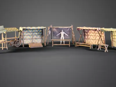 Medieval market stalls Low-poly 3D model