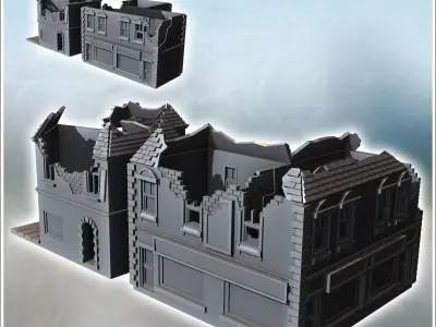 Set of two ruined urban buildings with tiled roofs exposed brick 3D print model