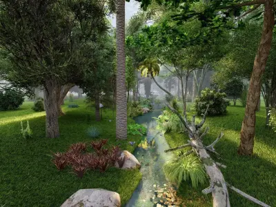 Forest jungle with bridge and trees Low-poly 3D model