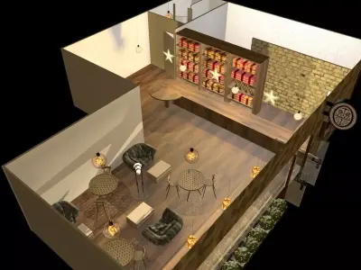 small coffee shop with kitchen streamline designed restroom 3D model