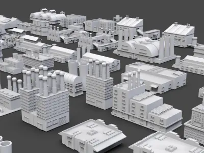 Low Poly Industrial Building Pack Of 60 -Game Ready -Untextured 3D model