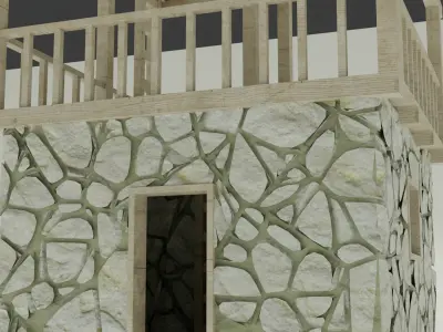 Rustic Wooden and Stone Tower with Balcony and Canopy 3D model