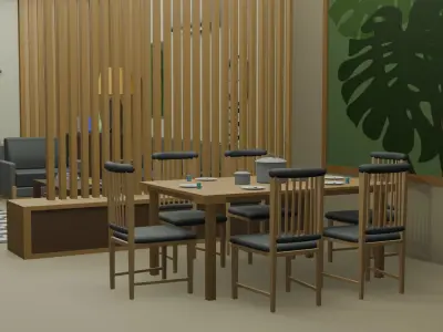 3D Low Poly Living Room and Dining Room Interior Model Low-poly 3D model