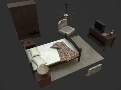 Old Bedroom furniture Low-poly 3D model