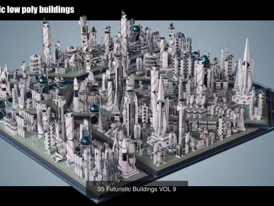 320 Futuristic LowPoly Buildings plus 20 Flying Cars 3D Model Pack