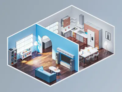 Room 7 living and kitchen Low-poly 3D model