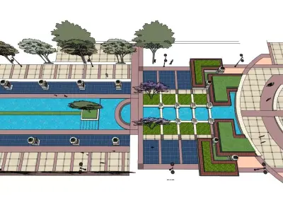 pool outdoor along with big planters and paved area 3D model