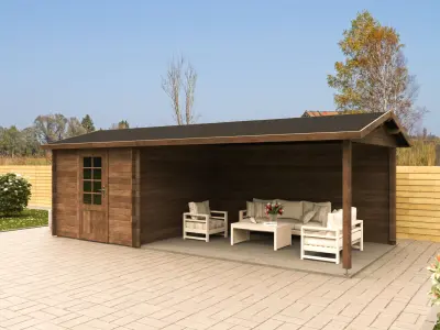 Garden shed with wooden canopy in exterior garden 3D model