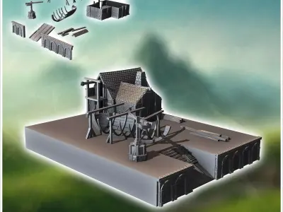 Medieval shipbuilding workshop with wooden boat parts under cons 3D print model