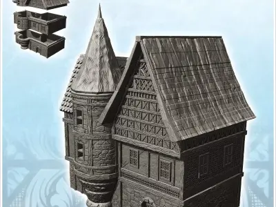 Large medieval house with tiled roof fireplace and large entranc 3D print model
