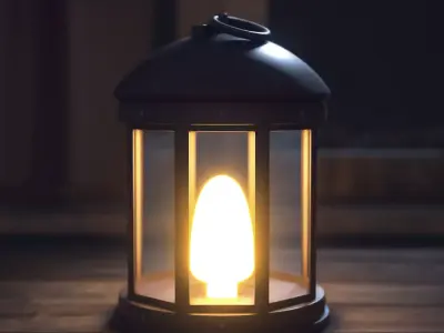 Lantern light bulb in on wooden table 3D model