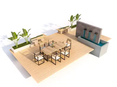 Architectural Wood Deck and Fountain Set Low-poly 3D model