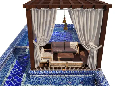 Pool with wooden gazebo 3D model