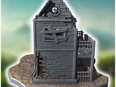 Abandoned wooden house with broken windows collapsed walls and s 3D print model