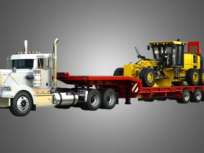 57P Semi Truck with JD - 870GGP Grader  3 in 1 3D Model Pack