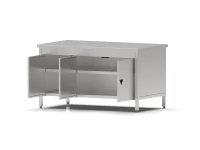 Stainless Steel Industrial Kitchen Work Bench with Swing Doors 3D model