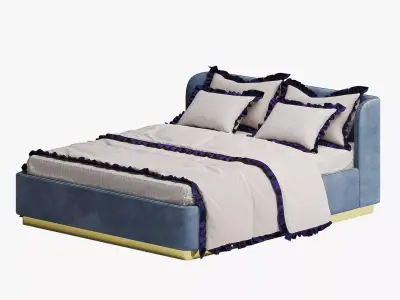Blue Bed with Frilly Bedding 3D model
