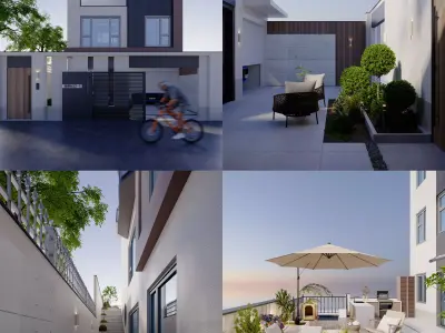 Modern villa architecture garden courtyard landscape 3D model