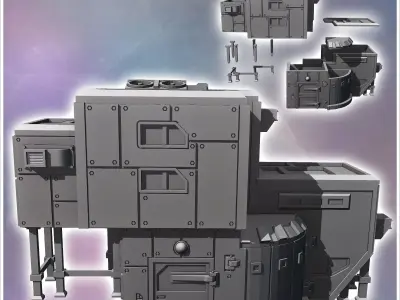 Futuristic fortified base with steel walls and armored tower wit 3D print model