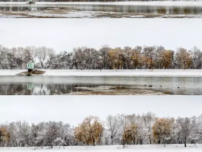 Panorama of the park with a lake and snow-covered trees - 35k 3D model